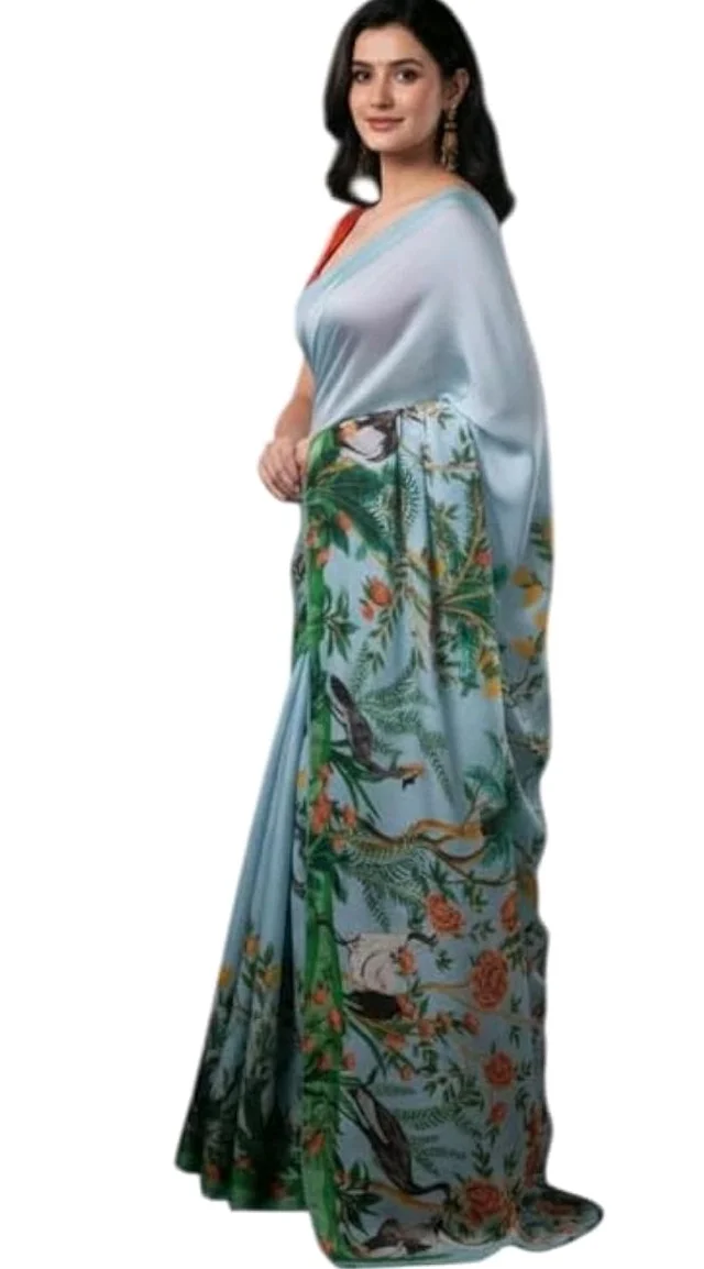 IZU Extravagant Blue Peacock Satin Printed Saree for Women | Blue Peacock Artwork Pattern Saree with Smooth Satin Fabric | Elegant Ethnic Wear for Festive Occasions, Cultural Celebrations & Gatherings