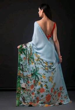 IZU Extravagant Blue Peacock Satin Printed Saree for Women | Blue Peacock Artwork Pattern Saree with Smooth Satin Fabric | Elegant Ethnic Wear for Festive Occasions, Cultural Celebrations & Gatherings