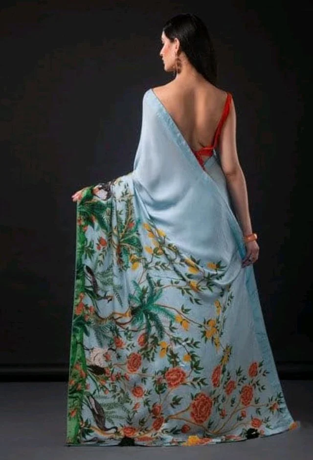 IZU Extravagant Blue Peacock Satin Printed Saree for Women | Blue Peacock Artwork Pattern Saree with Smooth Satin Fabric | Elegant Ethnic Wear for Festive Occasions, Cultural Celebrations & Gatherings