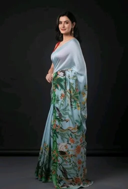 IZU Extravagant Blue Peacock Satin Printed Saree for Women | Blue Peacock Artwork Pattern Saree with Smooth Satin Fabric | Elegant Ethnic Wear for Festive Occasions, Cultural Celebrations & Gatherings