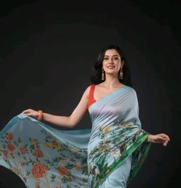 IZU Extravagant Blue Peacock Satin Printed Saree for Women | Blue Peacock Artwork Pattern Saree with Smooth Satin Fabric | Elegant Ethnic Wear for Festive Occasions, Cultural Celebrations & Gatherings