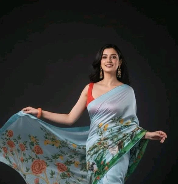 IZU Extravagant Blue Peacock Satin Printed Saree for Women | Blue Peacock Artwork Pattern Saree with Smooth Satin Fabric | Elegant Ethnic Wear for Festive Occasions, Cultural Celebrations & Gatherings