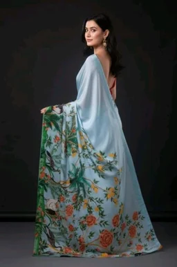IZU Extravagant Blue Peacock Satin Printed Saree for Women | Blue Peacock Artwork Pattern Saree with Smooth Satin Fabric | Elegant Ethnic Wear for Festive Occasions, Cultural Celebrations & Gatherings