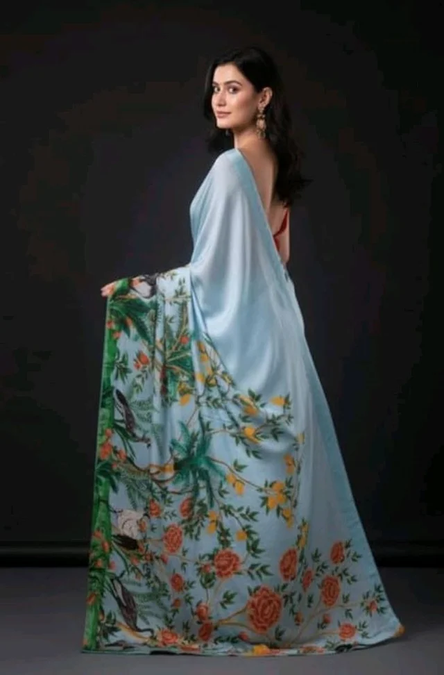 IZU Extravagant Blue Peacock Satin Printed Saree for Women | Blue Peacock Artwork Pattern Saree with Smooth Satin Fabric | Elegant Ethnic Wear for Festive Occasions, Cultural Celebrations & Gatherings