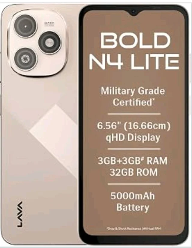 Lava Bold N4 Lite (Empire Gold, 3GB RAM, 32GB Storage) | 6.56" qHD Display | 8MP Rear Camera | 5000 mAh Battery | Free Service @ Home | Fingerprint Reader | Charger & Phone-Cover in Box - Empire gold