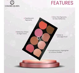 Colors Queen Ultra Professional Blush Palette with Shimmer Highlighters and Contour | Highly Pigmented & Easy to Blendable Shades | Lightweight Blush and Highlighter Palette (Shade - 03)