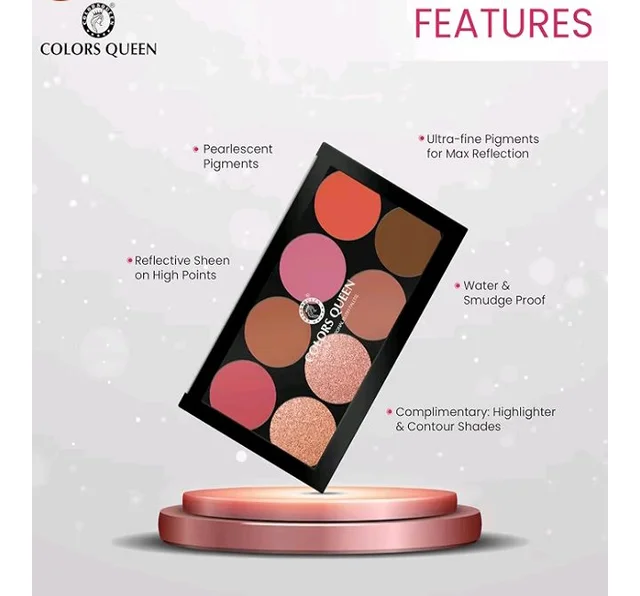 Colors Queen Ultra Professional Blush Palette with Shimmer Highlighters and Contour | Highly Pigmented & Easy to Blendable Shades | Lightweight Blush and Highlighter Palette (Shade - 03)