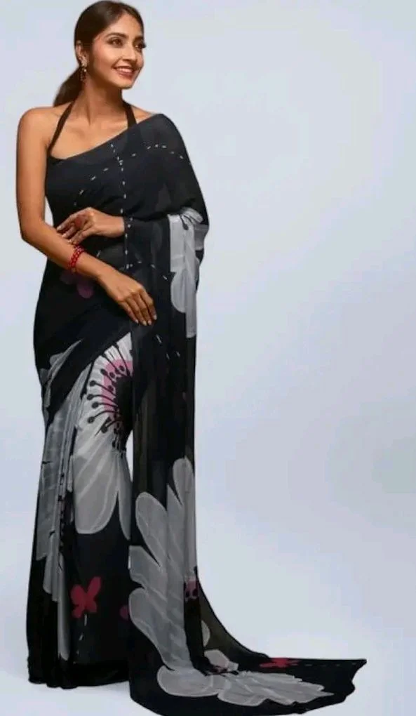 IZU Noir Blooms Satin Printed Saree for Women | Black Floral Design Saree with Smooth Satin Fabric and Elegant Drape | Stylish Ethnic Wear for Festive Celebrations & Traditional Occasions