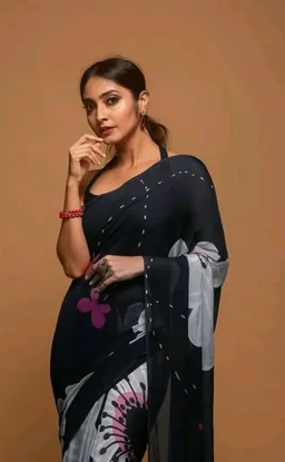 IZU Noir Blooms Satin Printed Saree for Women | Black Floral Design Saree with Smooth Satin Fabric and Elegant Drape | Stylish Ethnic Wear for Festive Celebrations & Traditional Occasions