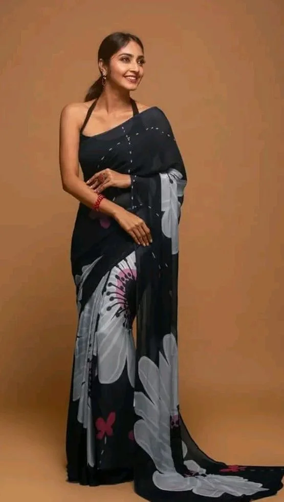 IZU Noir Blooms Satin Printed Saree for Women | Black Floral Design Saree with Smooth Satin Fabric and Elegant Drape | Stylish Ethnic Wear for Festive Celebrations & Traditional Occasions