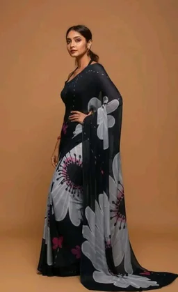 IZU Noir Blooms Satin Printed Saree for Women | Black Floral Design Saree with Smooth Satin Fabric and Elegant Drape | Stylish Ethnic Wear for Festive Celebrations & Traditional Occasions