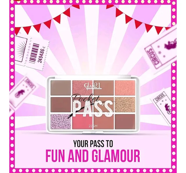 Glam21 Pocket Pass All-in-one Makeup Face Palette| Eyeshadows, Compact, Blush, Highlighter with Brushes| Highly Pigmented | Mix of Mattes & Shimmers |Travel-Friendly |Premium Pass