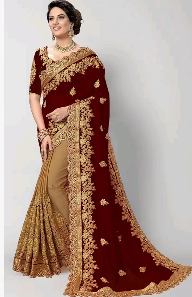 TRENDMALLS Women's Silk Satin Embroidery Work Saree with Unstitch Blouse Piece Half Half Saree fro Women