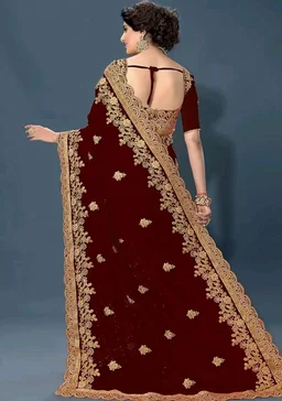 TRENDMALLS Women's Silk Satin Embroidery Work Saree with Unstitch Blouse Piece Half Half Saree fro Women
