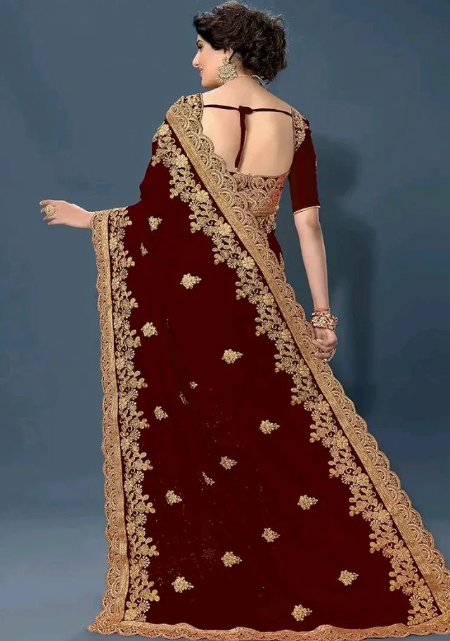 TRENDMALLS Women's Silk Satin Embroidery Work Saree with Unstitch Blouse Piece Half Half Saree fro Women