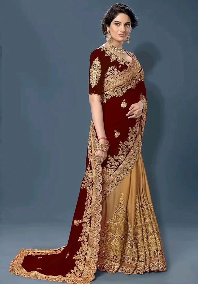 TRENDMALLS Women's Silk Satin Embroidery Work Saree with Unstitch Blouse Piece Half Half Saree fro Women