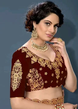 TRENDMALLS Women's Silk Satin Embroidery Work Saree with Unstitch Blouse Piece Half Half Saree fro Women