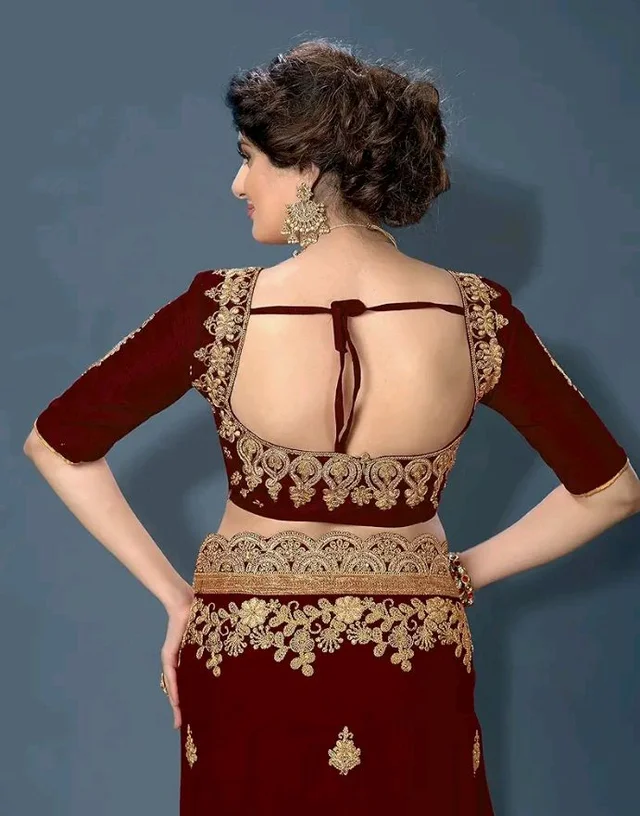 TRENDMALLS Women's Silk Satin Embroidery Work Saree with Unstitch Blouse Piece Half Half Saree fro Women
