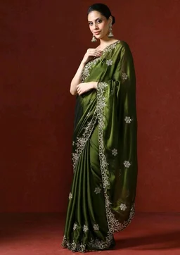 Sarha Women's Poly Silk Chamak Saree with Unstitched Blouse | Embellished Embroidered Work | Office Casual Elegant Drapе