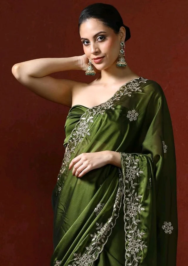 Sarha Women's Poly Silk Chamak Saree with Unstitched Blouse | Embellished Embroidered Work | Office Casual Elegant Drapе