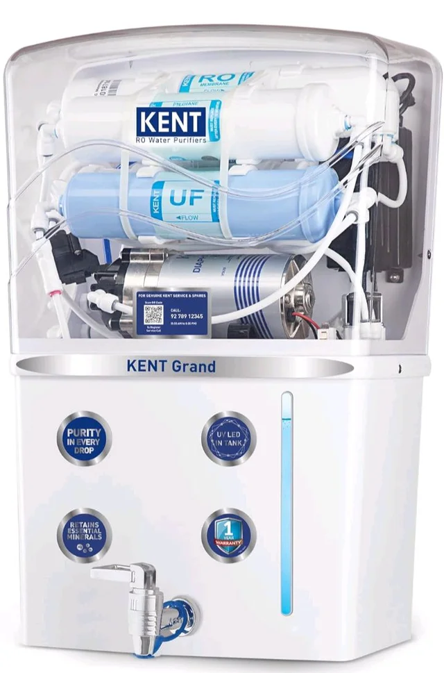 KENT Grand RO Water Purifier | Advanced RO Tech for Sabse Shudh Paani | RO+UF+TDS Control + UV LED Tank | 8L | 20LPH Flow | Ideal for Borewell/Tanker/Municipal Water | Largest Service Network