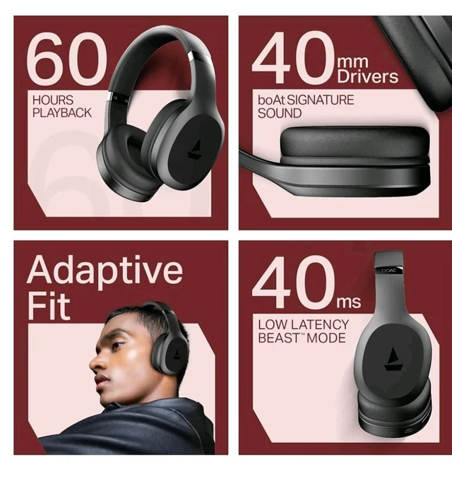 boAt Rockerz 412, 60H Battery, 40Mm Drivers, 40Ms Low Latency, ENx Tech, Stream Ad Free Music via App Support, Bluetooth Headphones, Wireless Over Ear Headphone with Mic (Active Black)