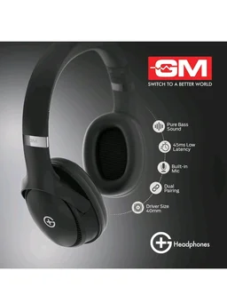 GM G+ Headphones, 70H Playtime Over The Ear Headphones with Mic, BT 5.3, Pure Bass, 45ms Low Latency, Dual Pairing, 4 Play Modes (FM, Radio, SD Card & Aux), 1 Year Warranty - Black.