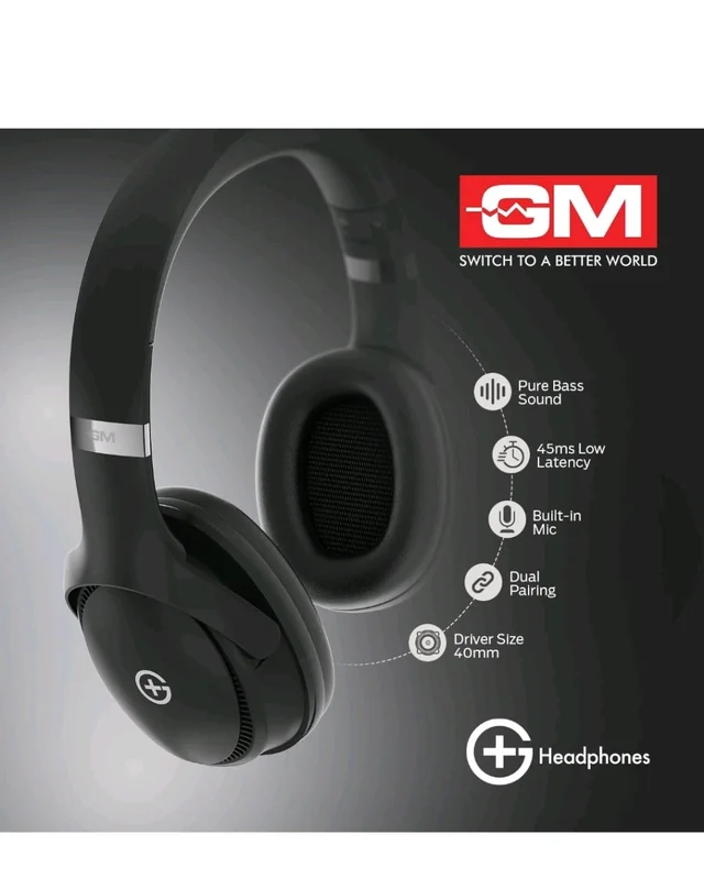 GM G+ Headphones, 70H Playtime Over The Ear Headphones with Mic, BT 5.3, Pure Bass, 45ms Low Latency, Dual Pairing, 4 Play Modes (FM, Radio, SD Card & Aux), 1 Year Warranty - Black.