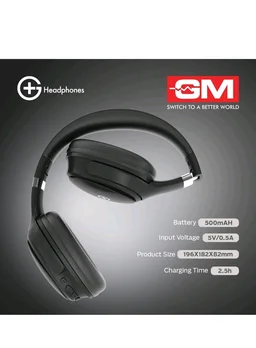 GM G+ Headphones, 70H Playtime Over The Ear Headphones with Mic, BT 5.3, Pure Bass, 45ms Low Latency, Dual Pairing, 4 Play Modes (FM, Radio, SD Card & Aux), 1 Year Warranty - Black.