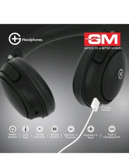 GM G+ Headphones, 70H Playtime Over The Ear Headphones with Mic, BT 5.3, Pure Bass, 45ms Low Latency, Dual Pairing, 4 Play Modes (FM, Radio, SD Card & Aux), 1 Year Warranty - Black.