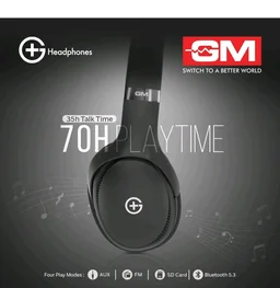 GM G+ Headphones, 70H Playtime Over The Ear Headphones with Mic, BT 5.3, Pure Bass, 45ms Low Latency, Dual Pairing, 4 Play Modes (FM, Radio, SD Card & Aux), 1 Year Warranty - Black.