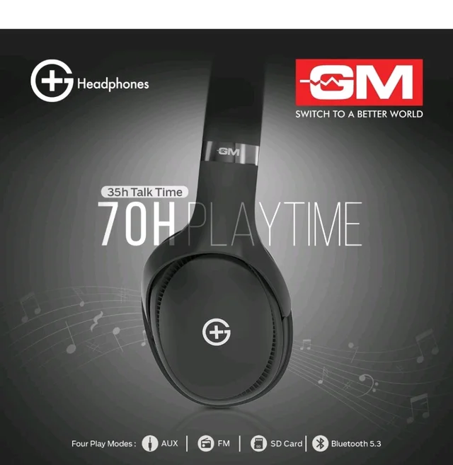 GM G+ Headphones, 70H Playtime Over The Ear Headphones with Mic, BT 5.3, Pure Bass, 45ms Low Latency, Dual Pairing, 4 Play Modes (FM, Radio, SD Card & Aux), 1 Year Warranty - Black.