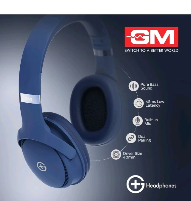 GM G+ Headphones, 70H Playtime Over The Ear Headphones with Mic, BT 5.3, Pure Bass, 45ms Low Latency, Dual Pairing, 4 Play Modes (FM, Radio, SD Card & Aux), 1 Year Warranty - Blue