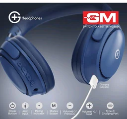 GM G+ Headphones, 70H Playtime Over The Ear Headphones with Mic, BT 5.3, Pure Bass, 45ms Low Latency, Dual Pairing, 4 Play Modes (FM, Radio, SD Card & Aux), 1 Year Warranty - Blue