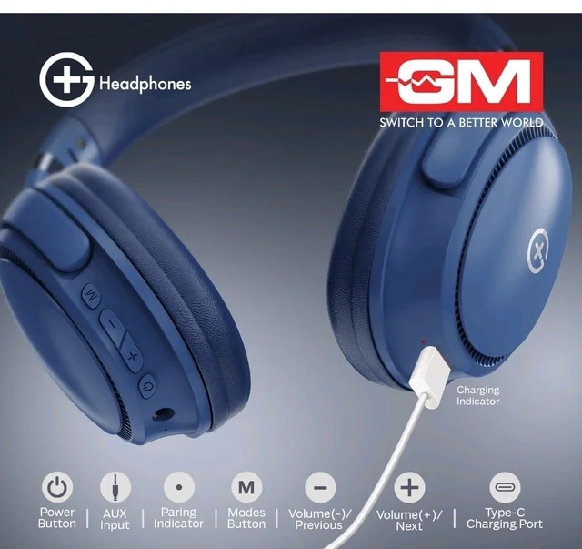 GM G+ Headphones, 70H Playtime Over The Ear Headphones with Mic, BT 5.3, Pure Bass, 45ms Low Latency, Dual Pairing, 4 Play Modes (FM, Radio, SD Card & Aux), 1 Year Warranty - Blue