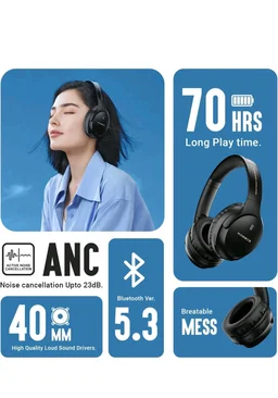 HAMMER Bash Vivid ANC Wireless Bluetooth Over-Ear Headphones with 23 dB Active Noise Cancellation, 70h Playtime, Type-C Fast Charging, 40mm Sound Drivers, Wired/Wireless, Comfort Fit, Foldable Black
