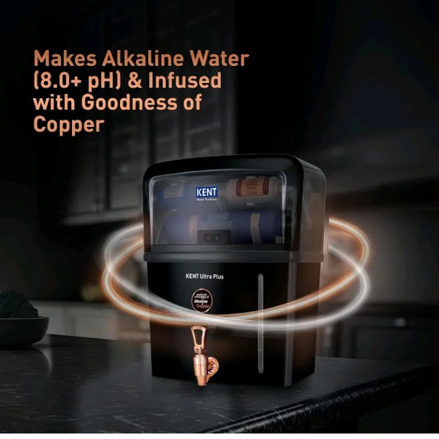 KENT Ultra Plus UV Water Purifier | UV+UF+Alkaline+Copper Water Purification | With Benefits of Alkaline & Copper | Fully Automatic Operation | Wall Mountable | 8L Storage | 60 L/hr Output | Black
