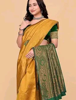 Fashion Women's Kanjivaram Style Soft Silk Banarasi Sarees With Blouse Piece For Women Pure Soft Silk Saree With Blouse Piece For Wedding