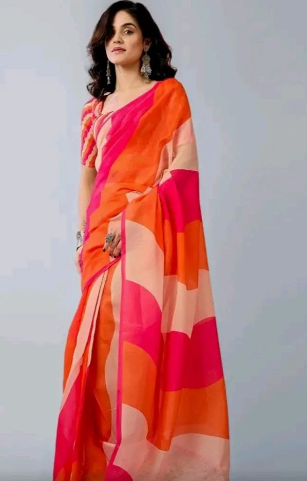Satrani Women's Chanderi Cotton Printed Ready To Wear One Minute Pre Stitched Saree with Unstitched Blouse Piece
