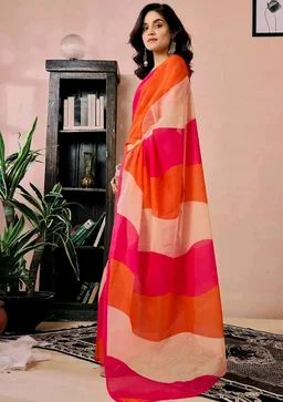 Satrani Women's Chanderi Cotton Printed Ready To Wear One Minute Pre Stitched Saree with Unstitched Blouse Piece