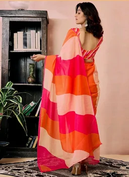 Satrani Women's Chanderi Cotton Printed Ready To Wear One Minute Pre Stitched Saree with Unstitched Blouse Piece