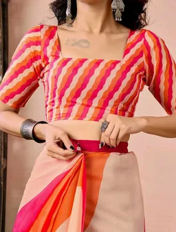 Satrani Women's Chanderi Cotton Printed Ready To Wear One Minute Pre Stitched Saree with Unstitched Blouse Piece