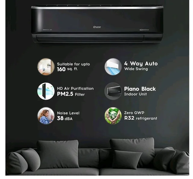 Cruise 1.6 Ton 3 Star Inverter Split AC (CWCVBM-VP3F193BL, Piano Black)
Heavy Duty Cooling at 55°C, 2026 Model, Long Airflow, 100% Copper, Convertible 5-in-1, 4-Way Swing, PM 2.5 Filter