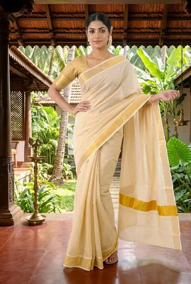 SREE KUMARAN Women’s Kuthampully Kerala Tissue Saree - Onam Tissue Kasavu Saree - Authentic South Heritage Sarees