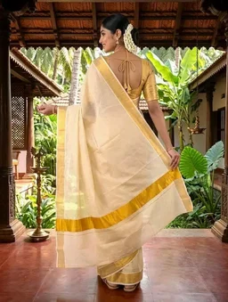 SREE KUMARAN Women’s Kuthampully Kerala Tissue Saree - Onam Tissue Kasavu Saree - Authentic South Heritage Sarees