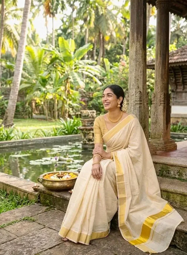 SREE KUMARAN Women’s Kuthampully Kerala Tissue Saree - Onam Tissue Kasavu Saree - Authentic South Heritage Sarees