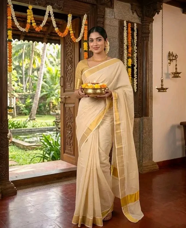 SREE KUMARAN Women’s Kuthampully Kerala Tissue Saree - Onam Tissue Kasavu Saree - Authentic South Heritage Sarees