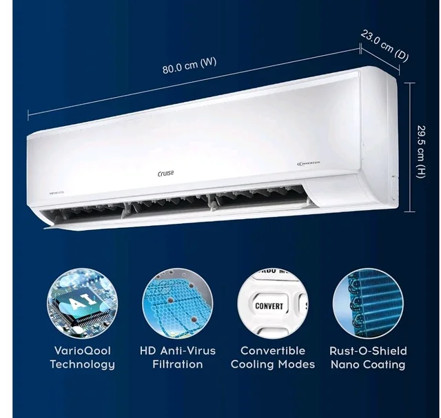 Cruise 1 Ton 3 Star VarioQool Inverter Split AC (2026, CWCVBM-VQ1D123)
Fast Cooling at 50 °C | 80–110 sq ft |100% Copper | Convertible 5-in-1 | Monsoon Comfort | PM 2.5 Filter | Anti-Rust Tech