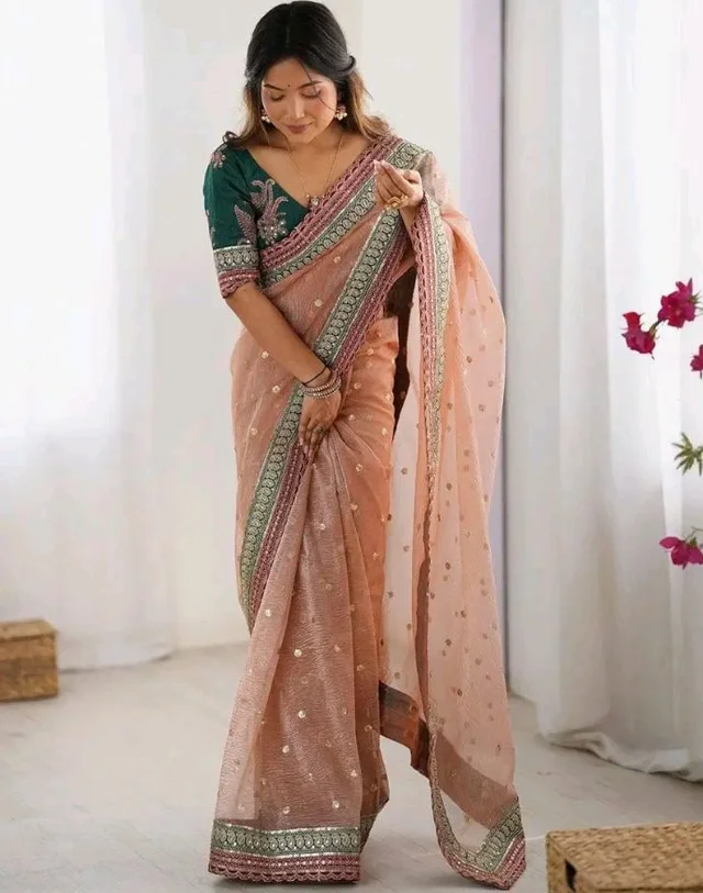 Women's Embellished Soft Net Saree with Heavy Embroidered Border & Contrast Designer Blouse Piece