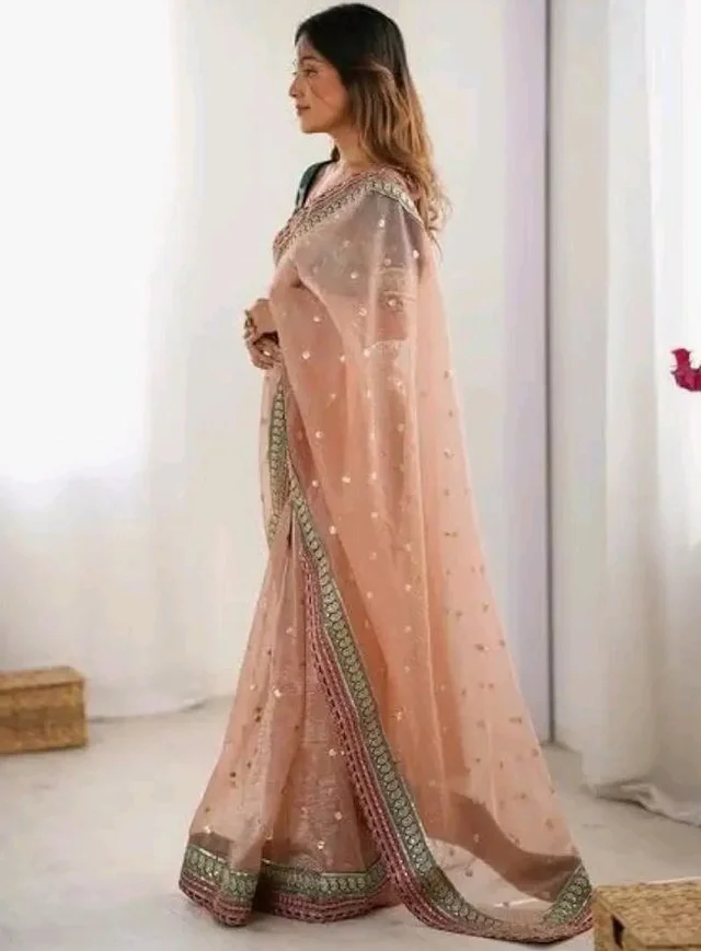 Women's Embellished Soft Net Saree with Heavy Embroidered Border & Contrast Designer Blouse Piece